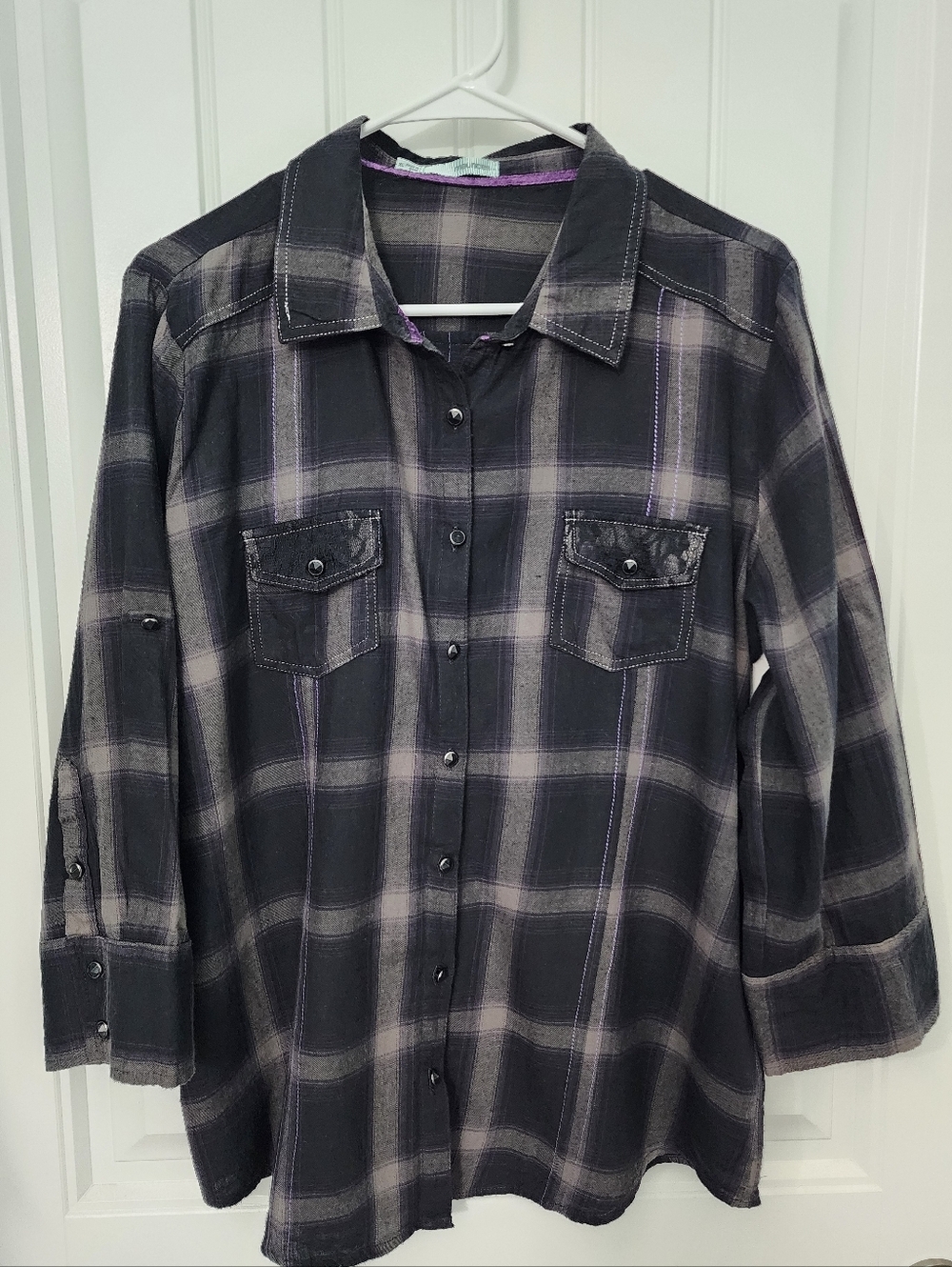 Maurices Women’s Plaid Button-Up Shirt in Black, Gray, & Purple Accents, Size XL